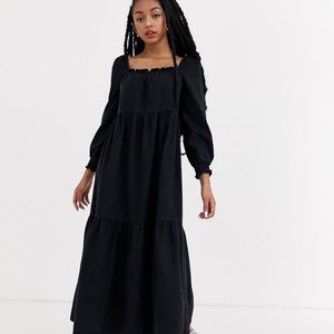 ASOS Black Petite Denim Prairie Midi Smock Dress